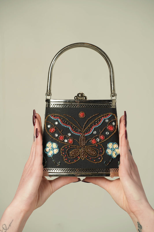 Vintage Black Satin Hard Shell Butterfly Embroidered Top Handle Bag