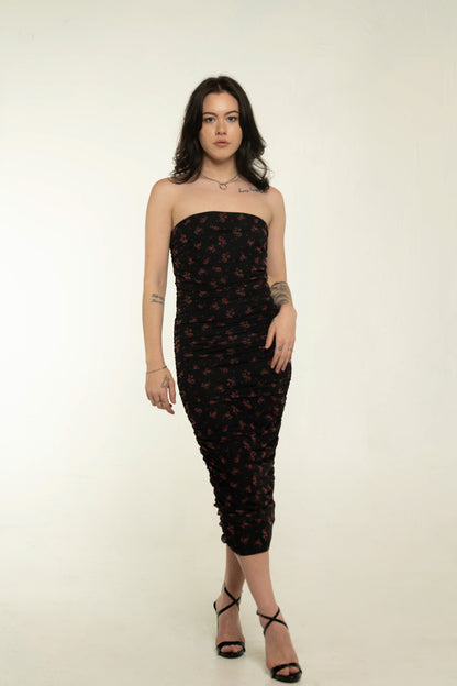 Reformation Black Floral Strapless Ruched Midi Dress Size Small