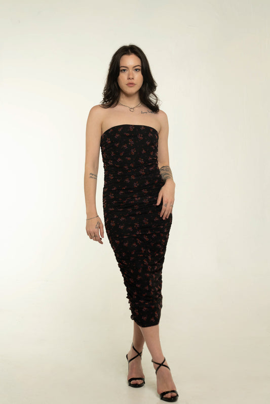 Reformation Black Floral Strapless Ruched Midi Dress Size Small