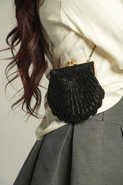 Vintage Black Beaded Seashell Evening Bag
