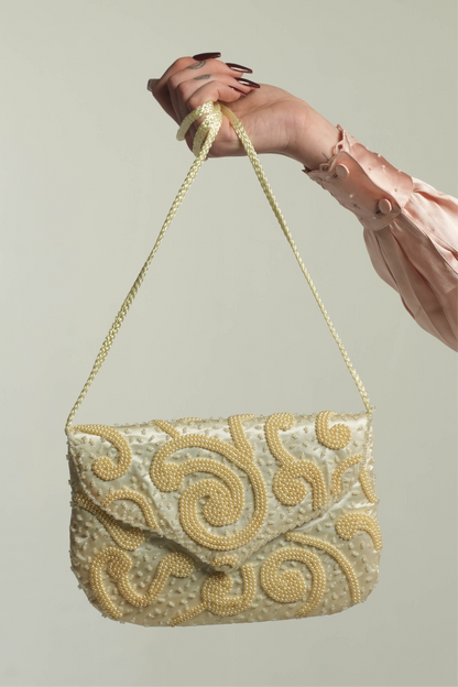Vintage Cream Satin Beaded Crossbody Bag