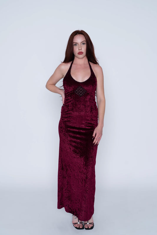 Chinoiserie Red Crushed Velvet Halter Dress