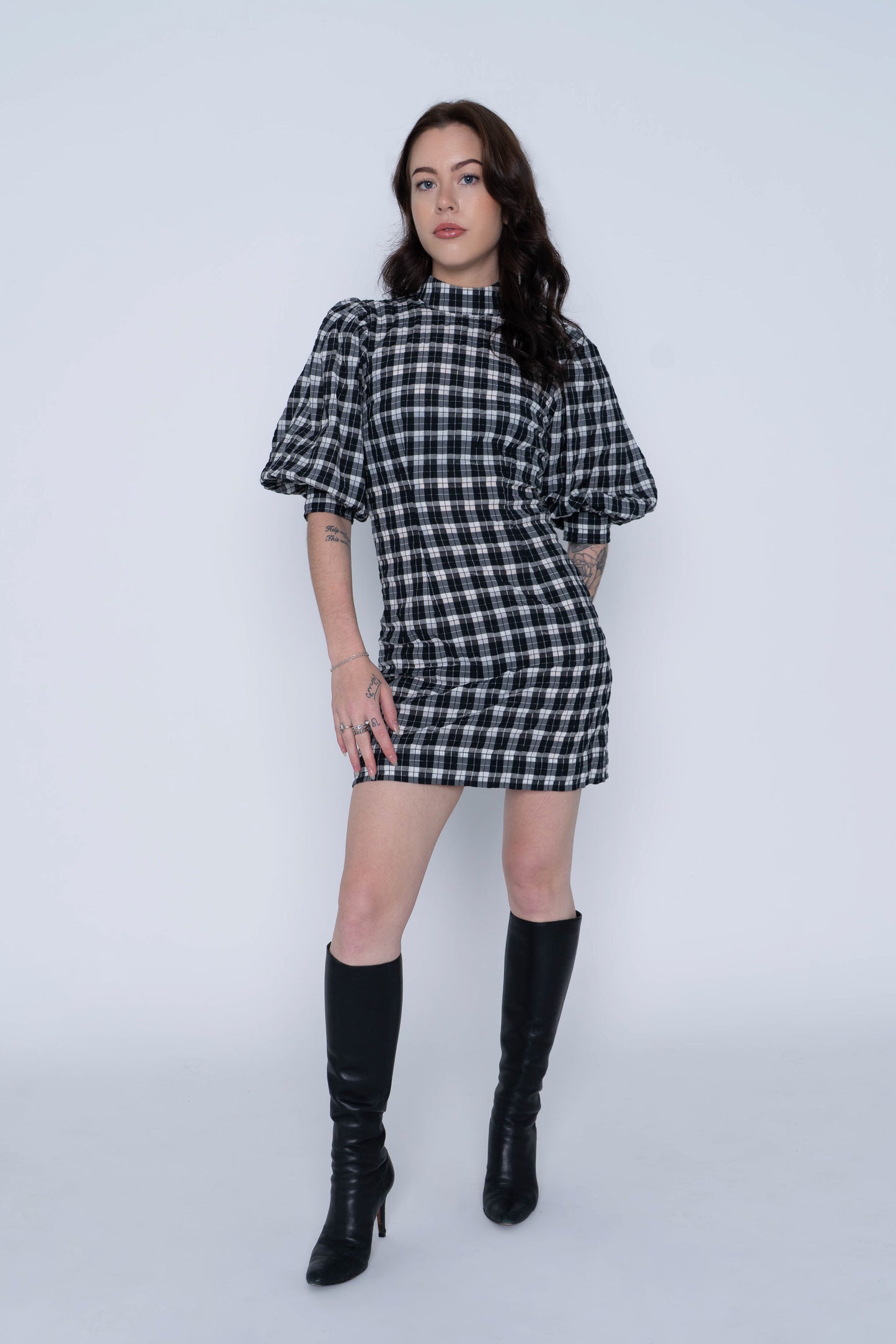 Ganni Puff Sleeve Black/White Checkered Mini Dress