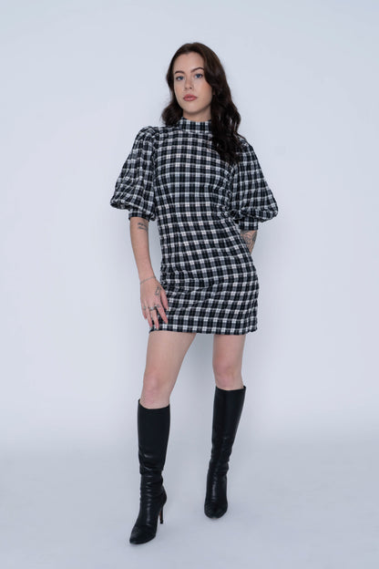 Ganni Puff Sleeve Black/White Checkered Mini Dress