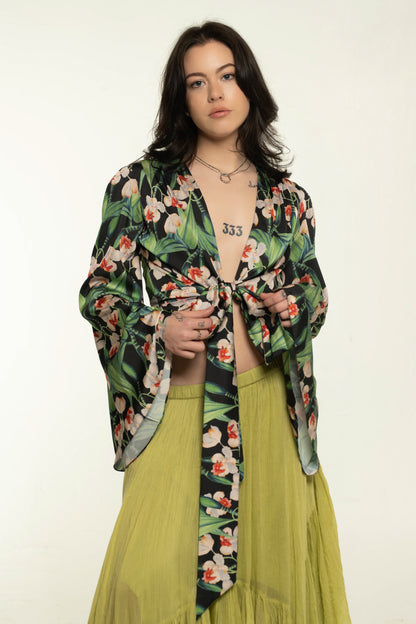 Pat Bo Green/Floral Print Long Sleeve Wrap Top Size Small