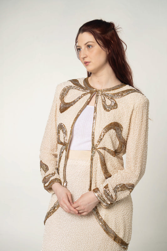 Vintage Naeem Khan Champagne Silk Beaded Jacket Size 8