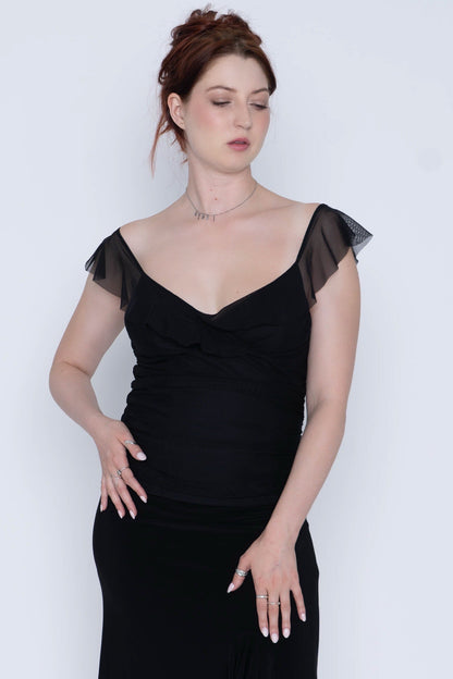 Warehouse Black Ruffle Mesh Tank Top Size L