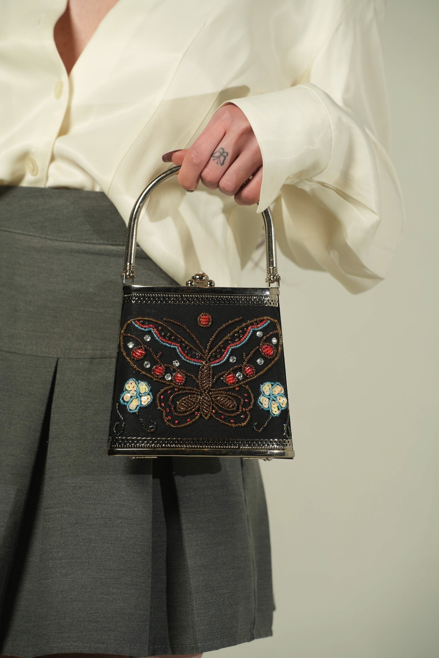 Vintage Black Satin Hard Shell Butterfly Embroidered Top Handle Bag