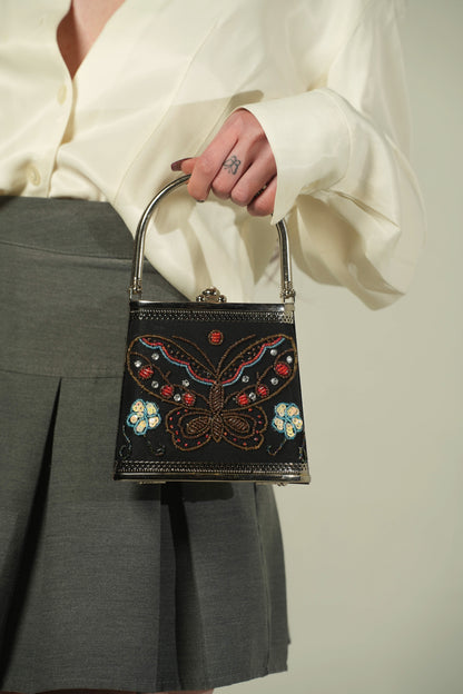 Vintage Black Satin Hard Shell Butterfly Embroidered Top Handle Bag