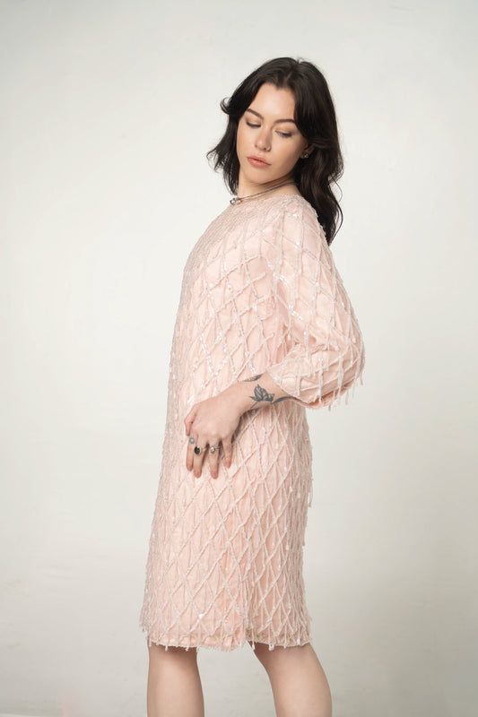 Vintage Pink Beaded Shift Dress Size Medium