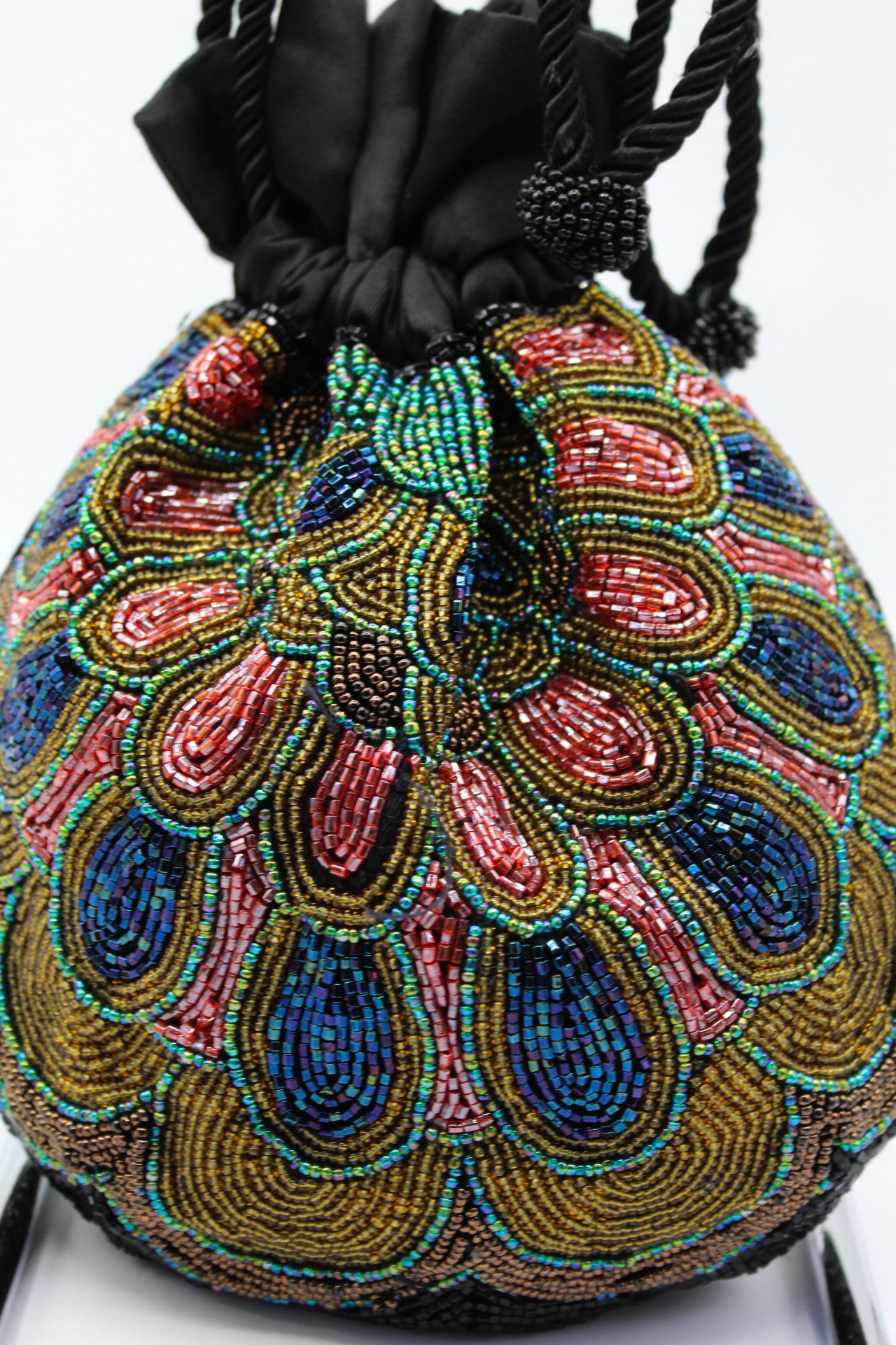 Black Peacock Beaded Drawstring Purse
