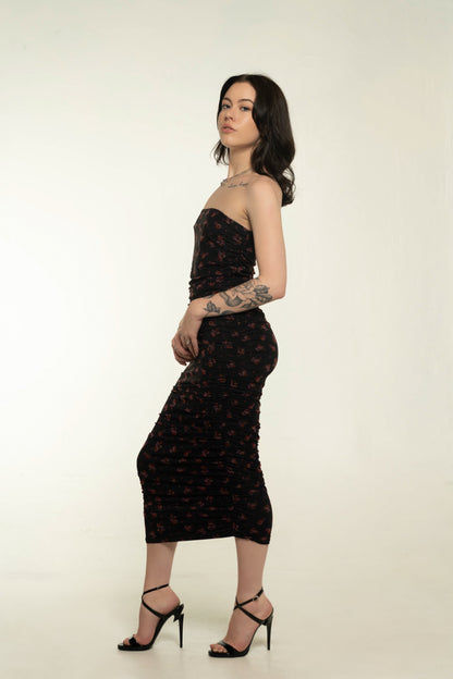 Reformation Black Floral Strapless Ruched Midi Dress Size Small