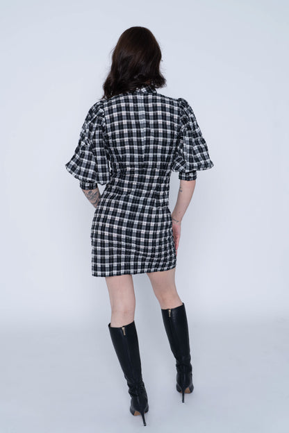 Ganni Puff Sleeve Black/White Checkered Mini Dress
