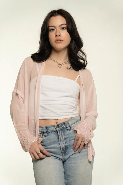 Vintage Together Pink Sheer Beaded Cardigan Size Medium