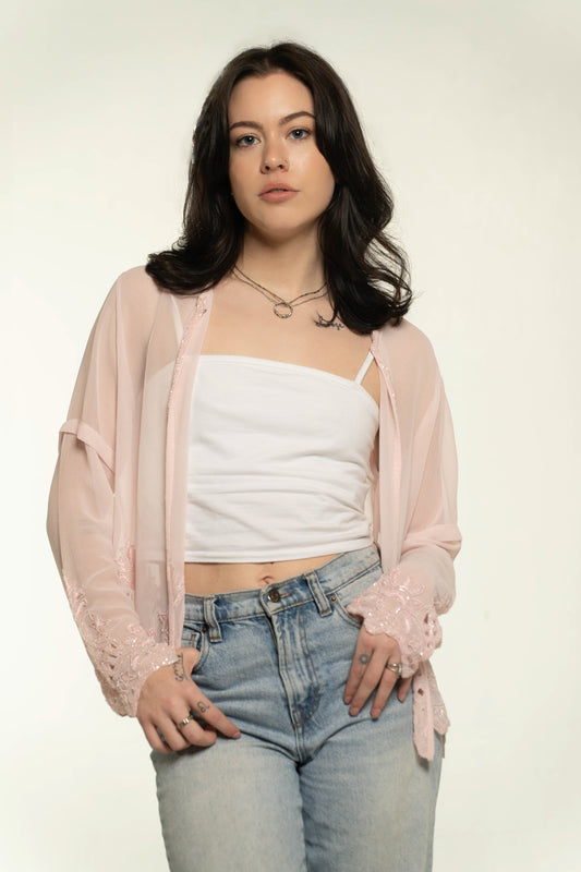 Vintage Together Pink Sheer Beaded Cardigan Size Medium