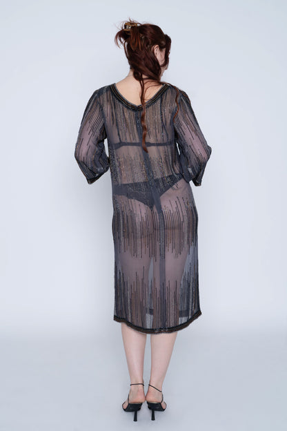Grey Beaded Sheer Shift Dress Size Medium/Large