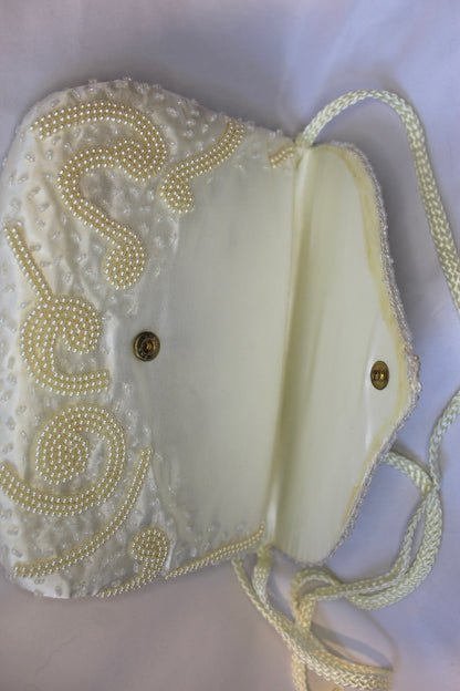 Vintage Cream Satin Beaded Crossbody Bag