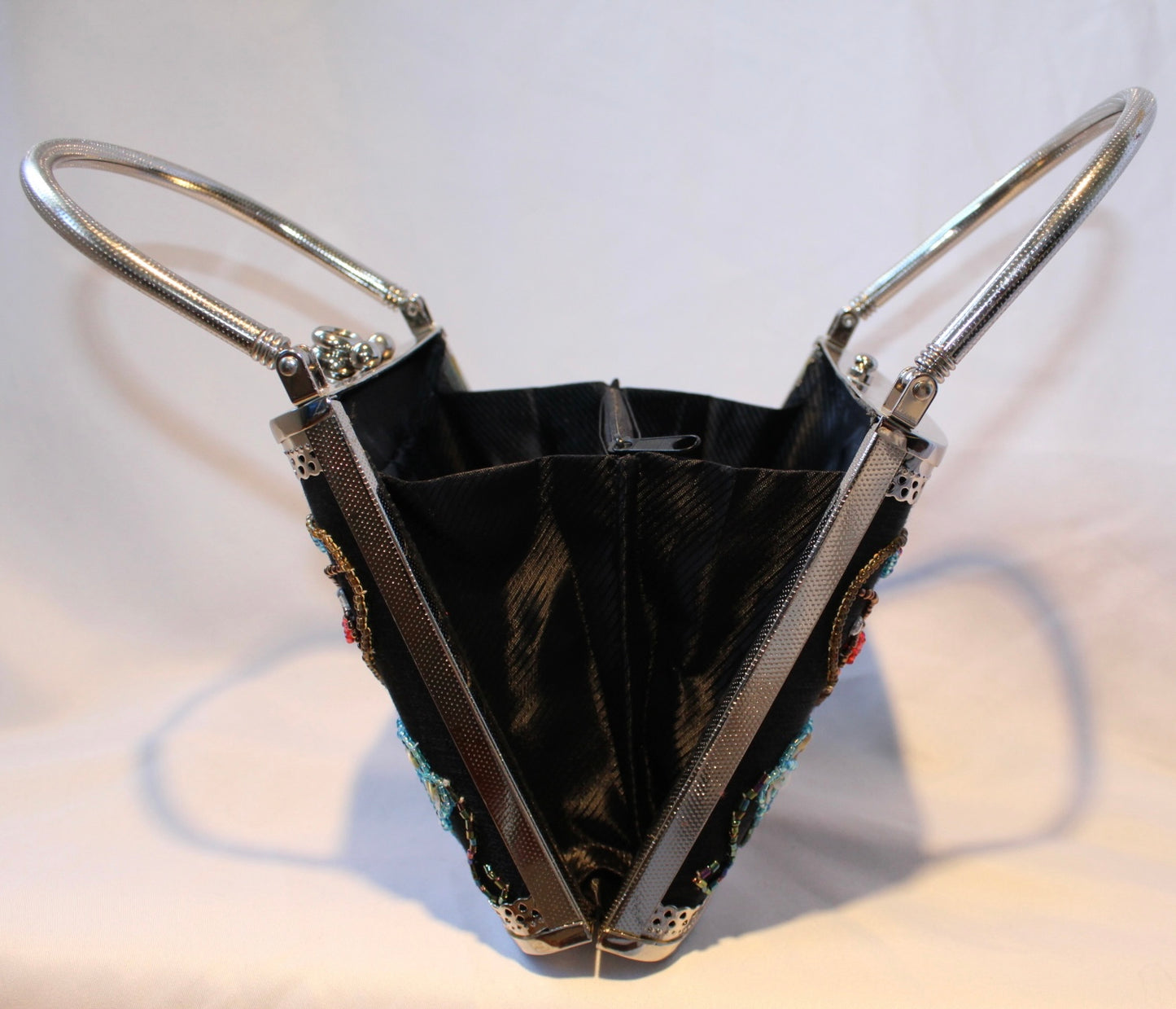 Vintage Black Satin Hard Shell Butterfly Embroidered Top Handle Bag