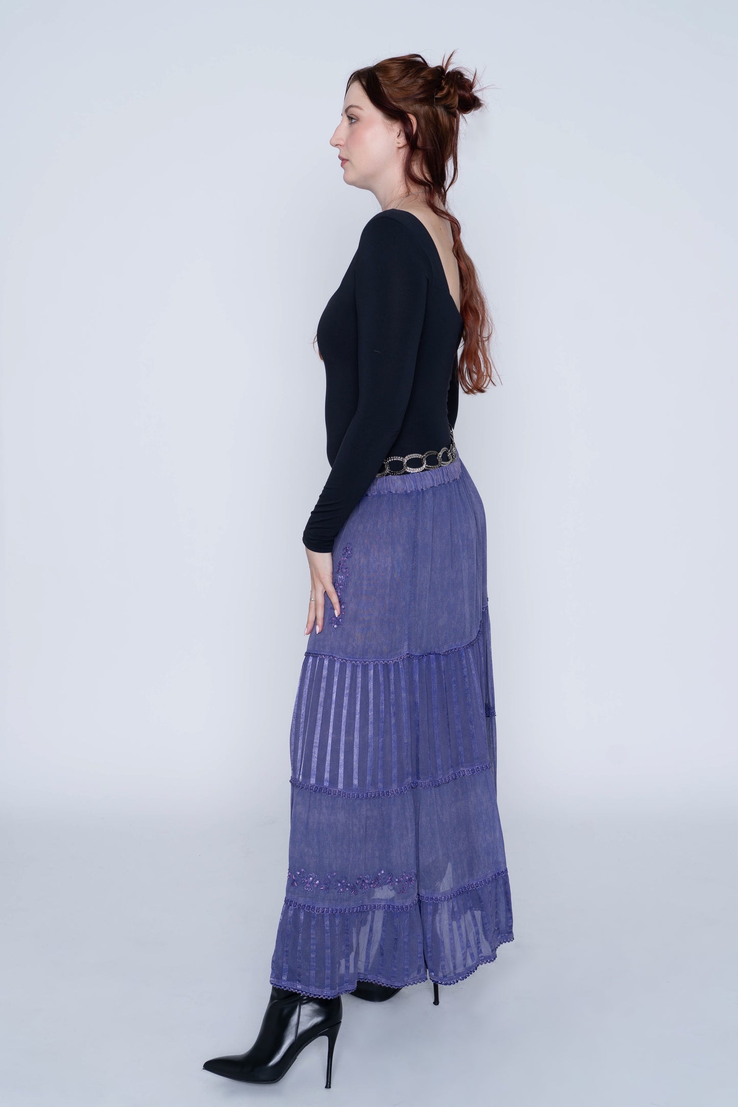 Papa Purple Embroidered Maxi Skirt Size Large