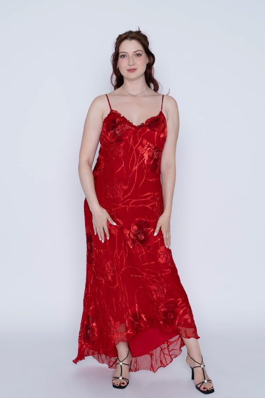 Vintage Papillon Red Floral Maxi Dress Size XL