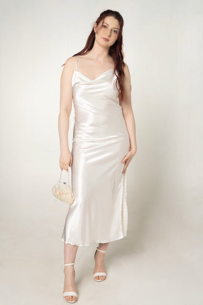 White Satin Cowl Neck Maxi Dress Size Medium / Large
