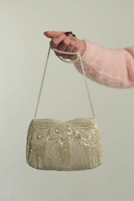 Vintage Cream Beaded Crossbody Bag