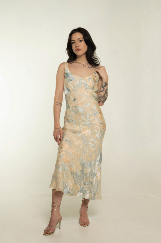 Vintage Champagne/Floral Sleeveless Maxi Dress Size Medium