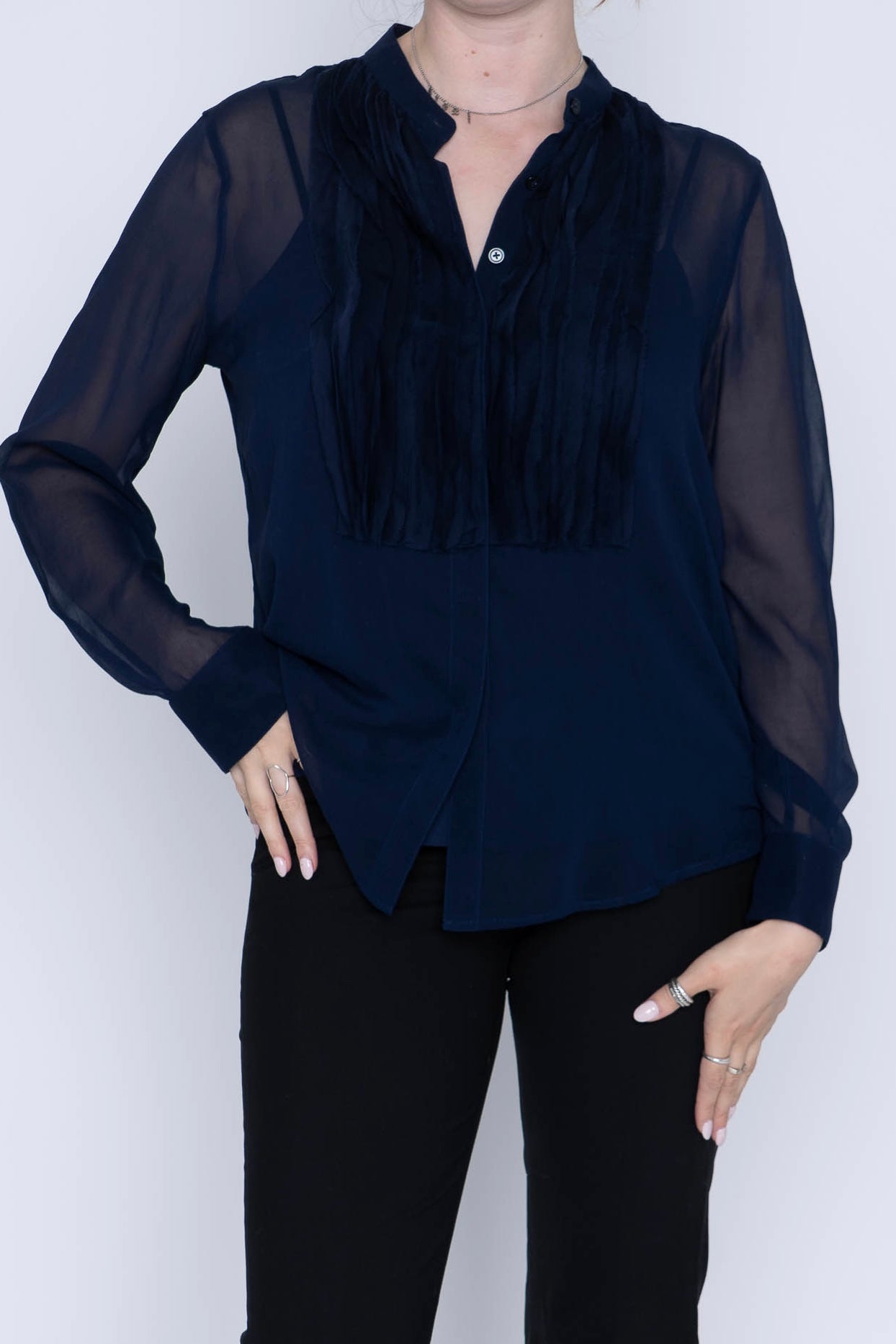 Navy DKNY Silk L/S Sheer Blouse and Camisole Size L