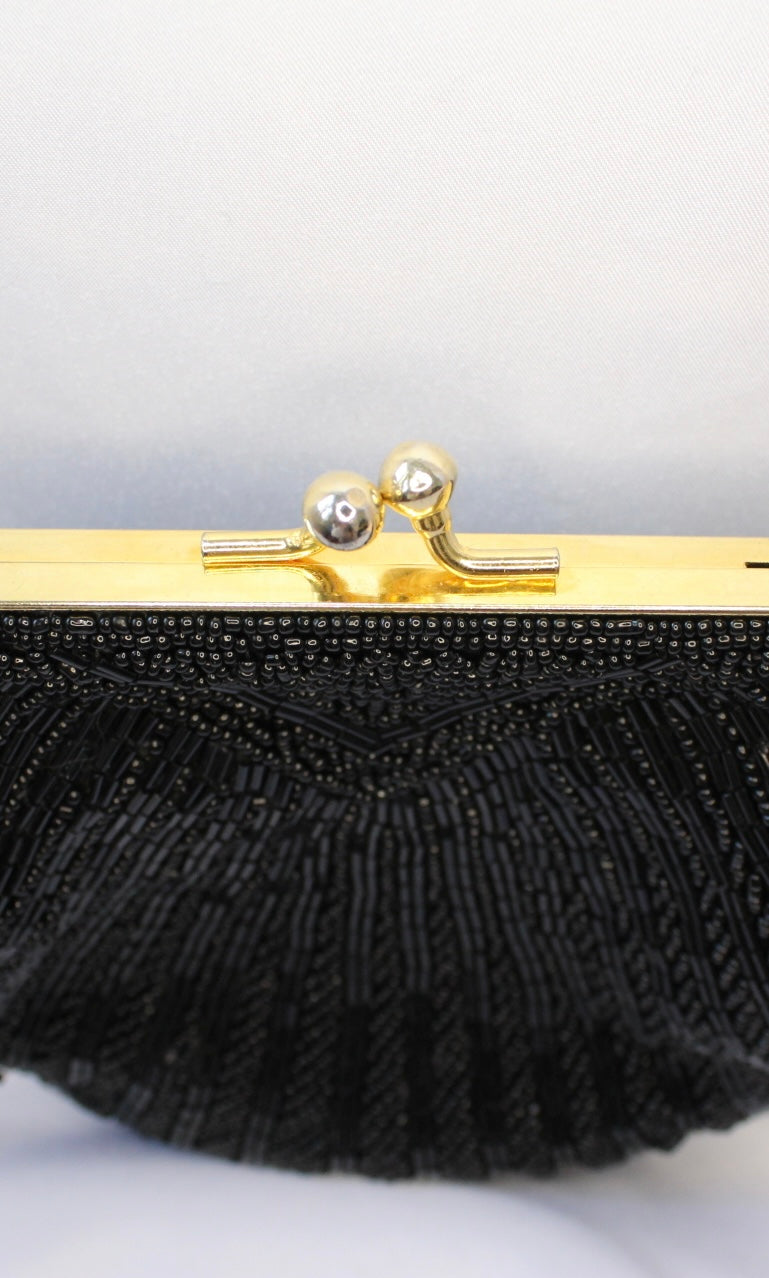 Vintage Black Beaded Seashell Evening Bag