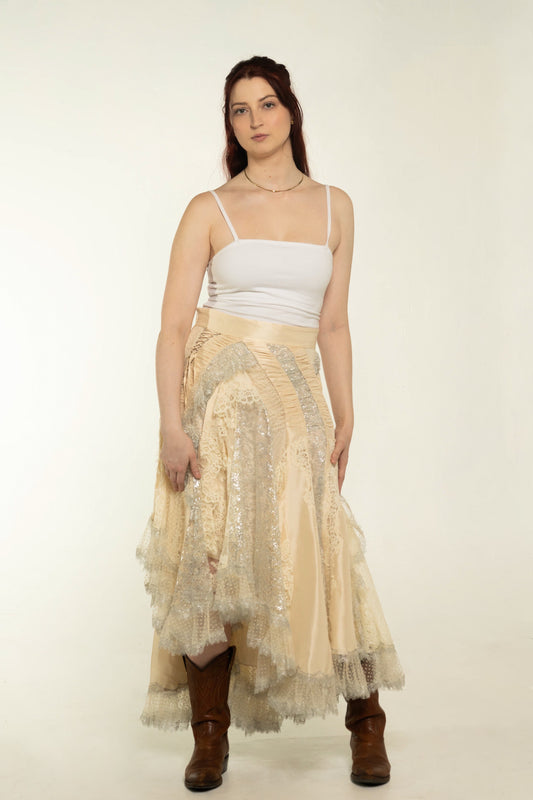 Zimmermann Cream/Metallic "Sabotage" Asymmetric Lace/Chiffon Tiered Maxi Skirt Size Large