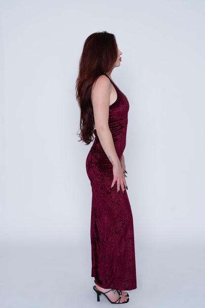 Chinoiserie Red Crushed Velvet Halter Dress