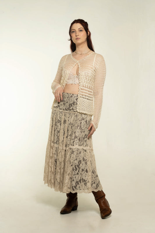 Vintage Mandalay Cream/Brown Tiered Maxi Skirt Size Medium
