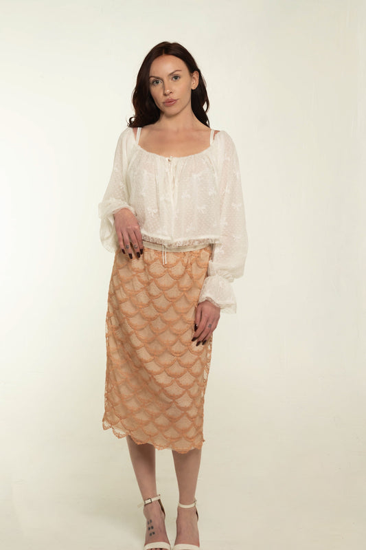 Vintage Rogers Peach Midi Skirt with Lace Overlay Size Medium