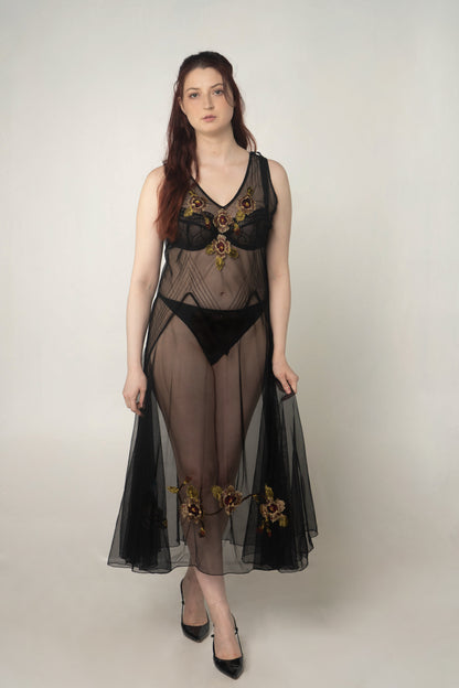 Black Sheer Mesh Floral Embroidered Dress Size Size Large / XL