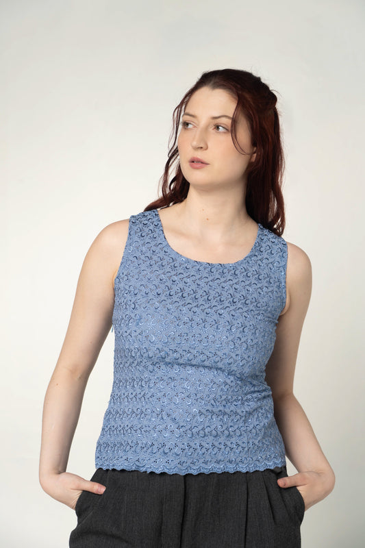 Handmade Blue Eyelet Sleeveless Top Size Medium