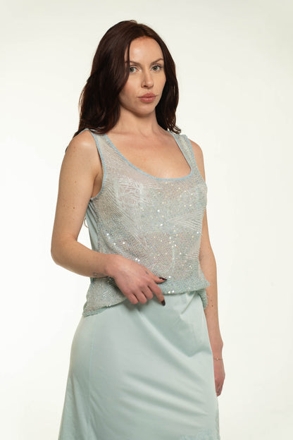 Escada Light Blue Sleeveless Sequin Top Size Large