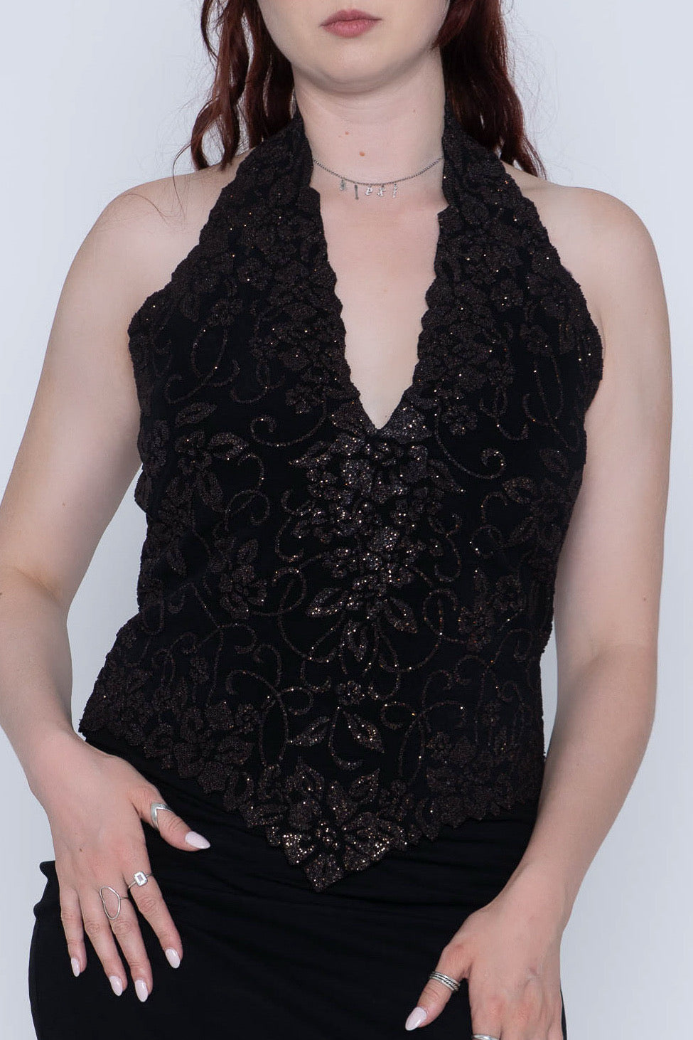 Tadashi Black/ Brown Floral Embellished Halter Top Size XL