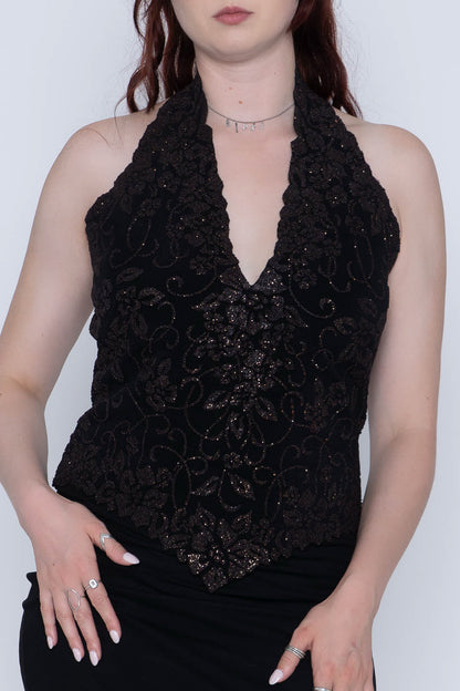 Tadashi Black/ Brown Floral Embellished Halter Top Size XL